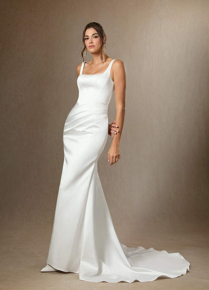Diamond White Mermaid Square Neckline Double Faced Satin Dress