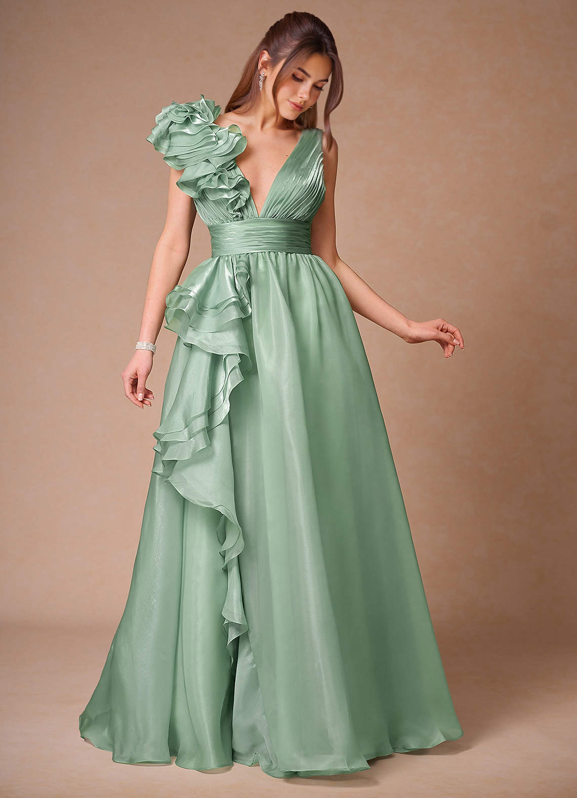 Vespera Sage Ruffles Gown  Dress