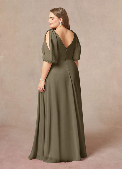 Willow Green A-Line V-Neck Ruched Chiffon Dress