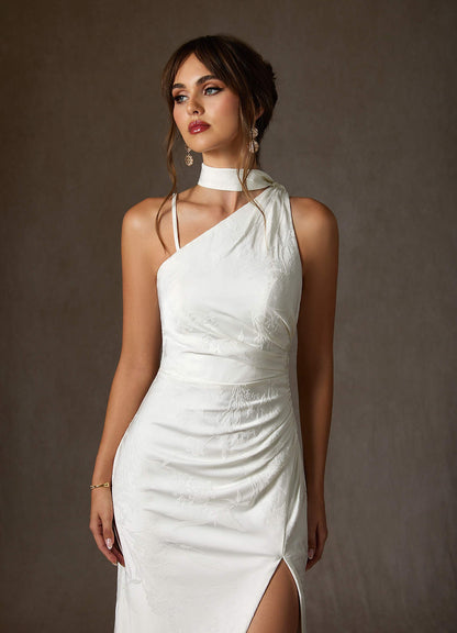 Diamond White Sheath One Shoulder Floral Jacquard Dress