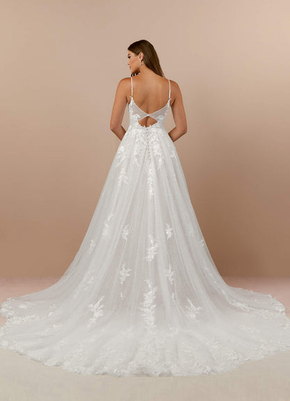 Diamond White A-Line V-Neck Lace Tulle Dress
