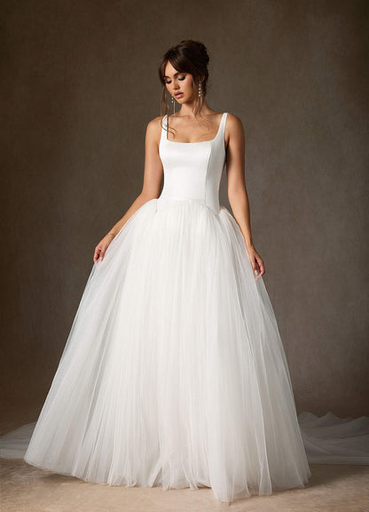 Diamond White A-Line Detachable Train Double Faced Satin Dress