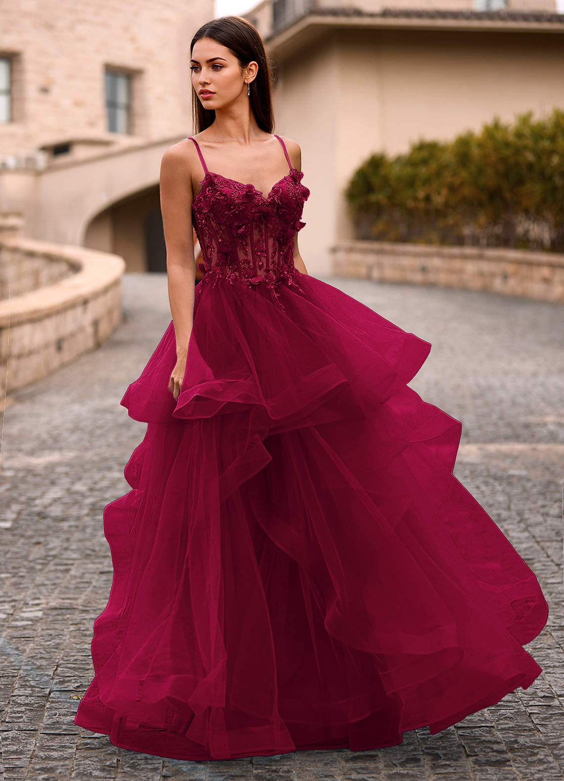 Dreama Burgundy Lace Corset Ruffle Prom Dress  Dress