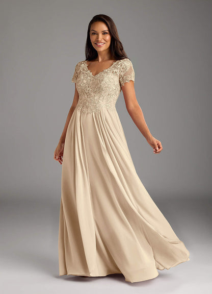 Champagne A-Line V-Neck Lace Chiffon Dress