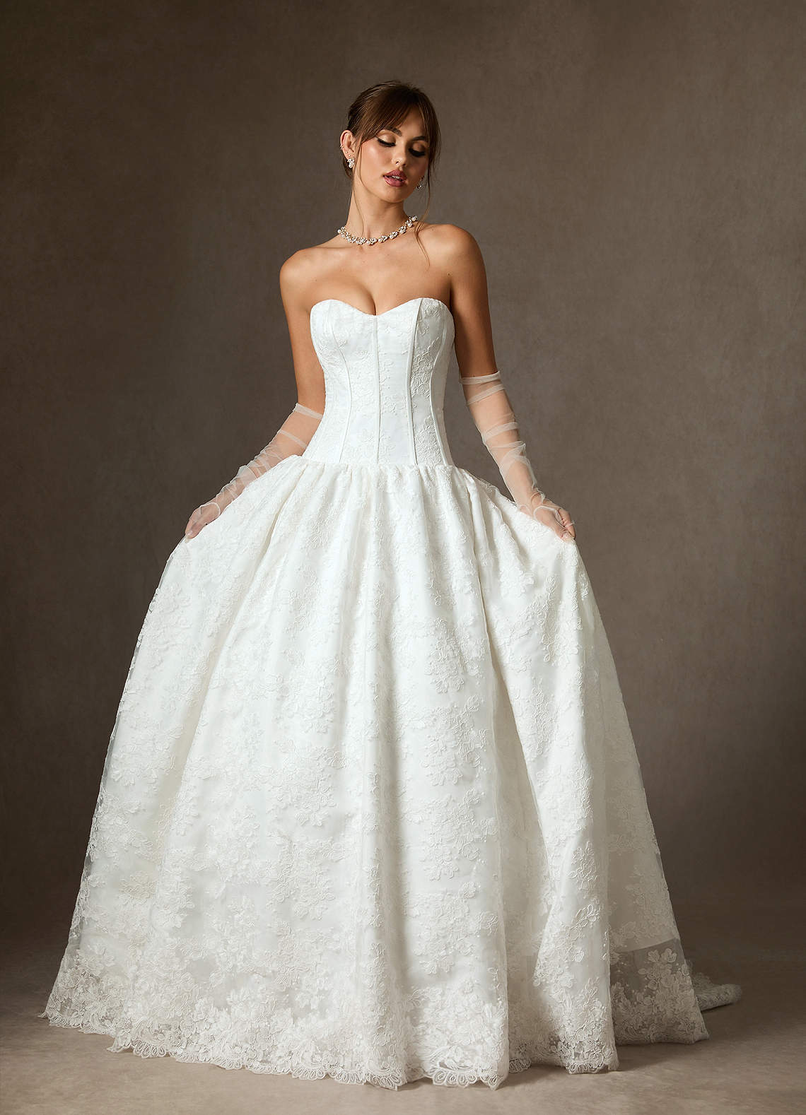 Diamond White Ball-Gown Strapless Lace Dress
