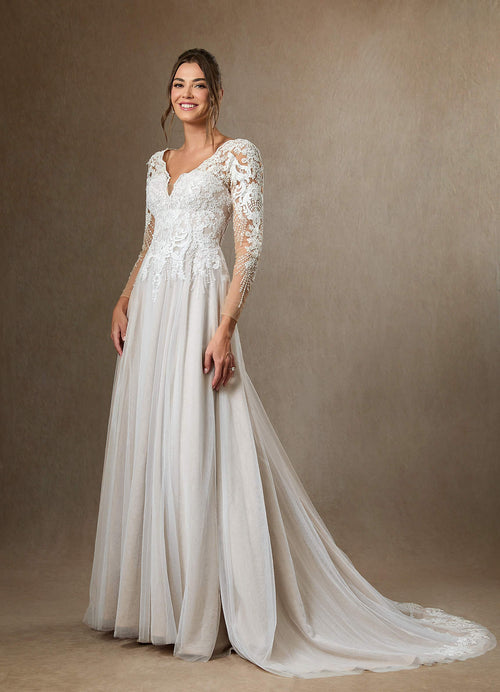 Diamond White A-Line V-Neck Sequins Tulle Dress