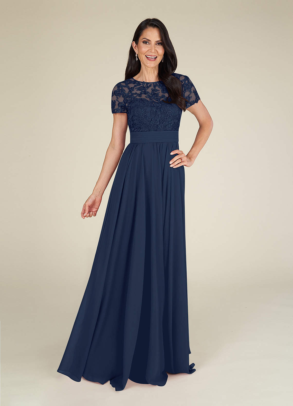 Dark Navy A-Line Lace Chiffon Dress
