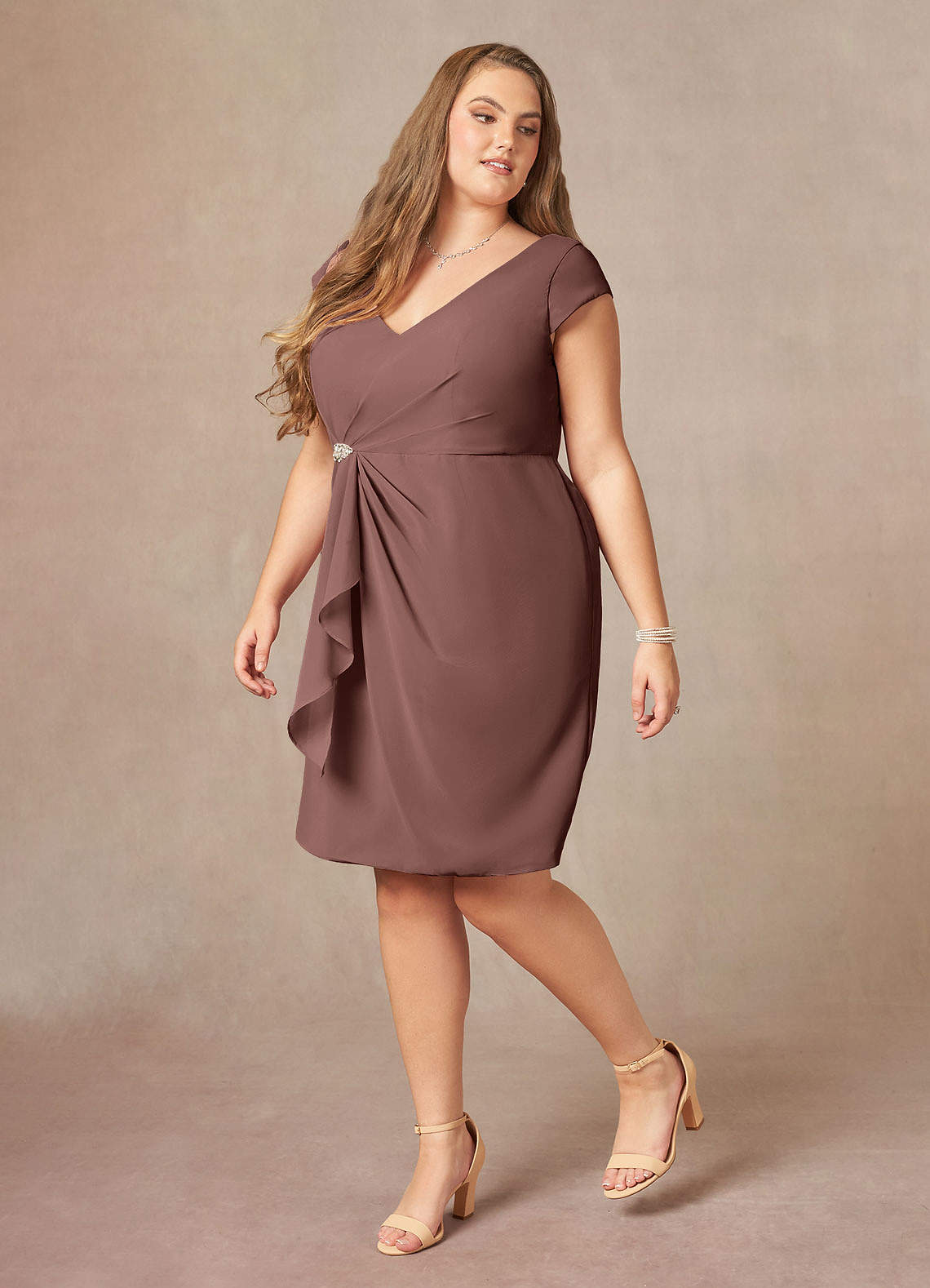Espresso Sheath V-Neck Pleated Chiffon Dress