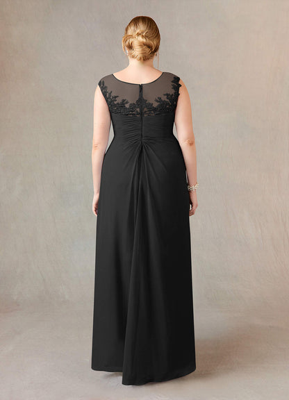 Black A-Line Scoop Lace Chiffon Dress