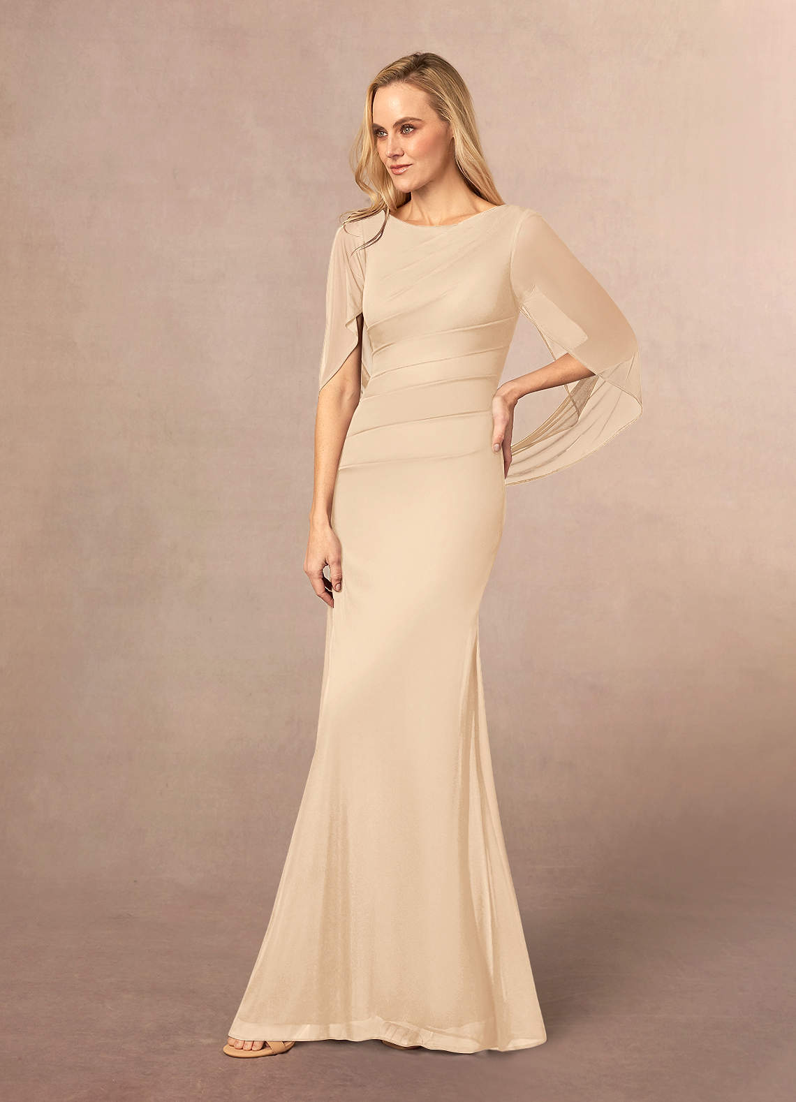 Champagne Mermaid Scoop Pleated Mesh Dress