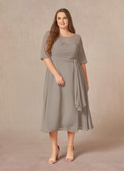 Taupe A-Line Boatneck Pleated Chiffon Dress