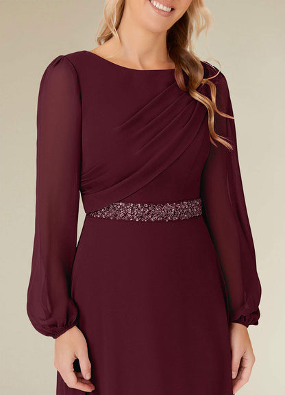 Cabernet A-Line Boatneck Pleated Chiffon Dress