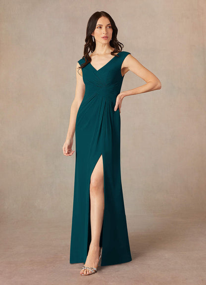Pine A-Line V-Neck Pleated Chiffon Dress