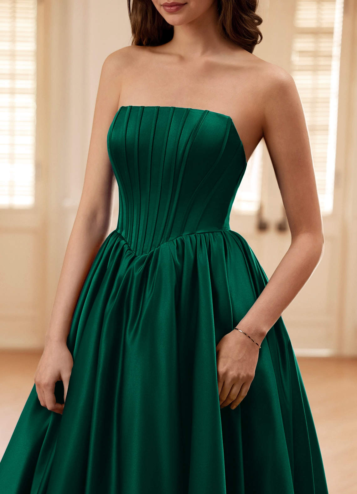 Seraphina Dark Green A-Line Boned Corset Satin Prom Dress
