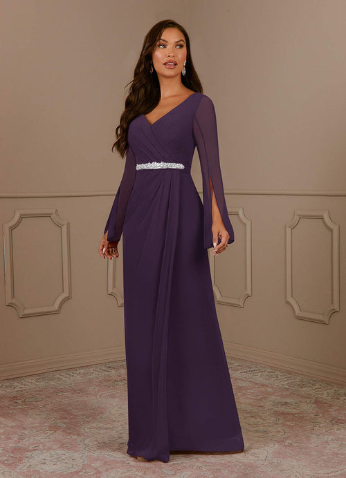 Plum A-Line V-Neck Pleated Chiffon Dress