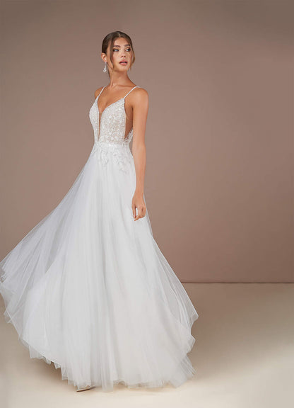 Diamond White Champagne A-Line V-Neck Sequins Tulle Dress