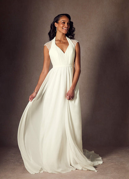 Cream A-Line Pleated Chiffon Dress