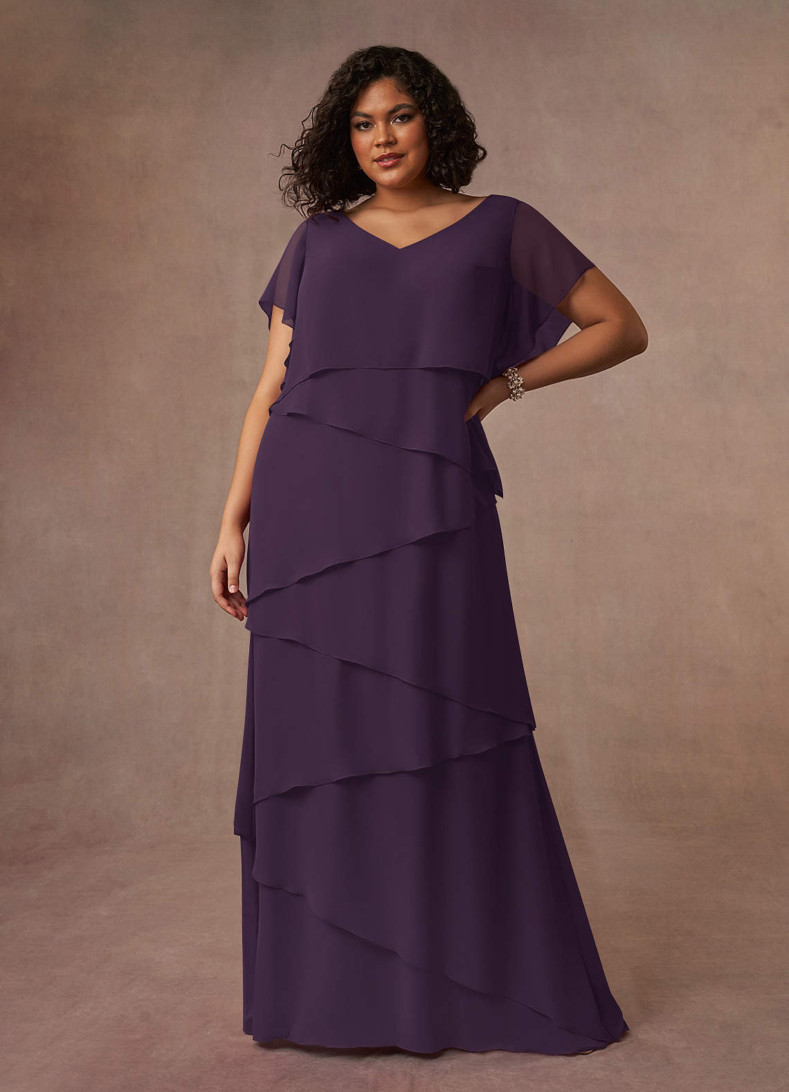 Plum A-Line V-Neck Chiffon Dress
