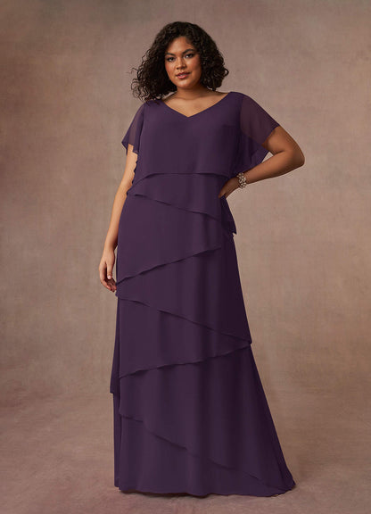 Plum A-Line V-Neck Chiffon Dress