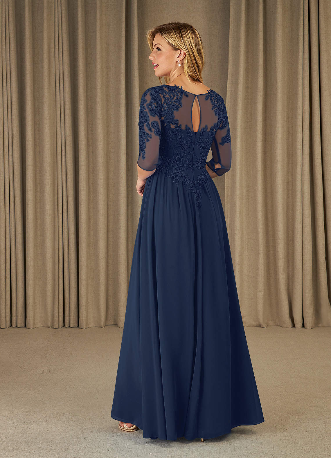 Dark Navy A-Line Scoop Lace Chiffon Dress