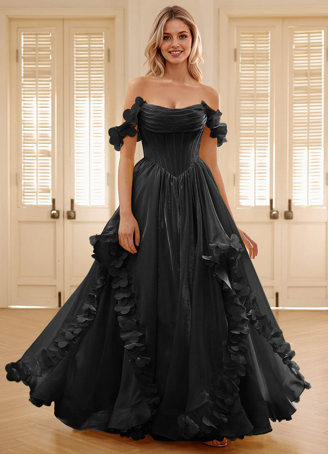 Elysia Black Corset Rhinestone Sheer Lace Prom Dress