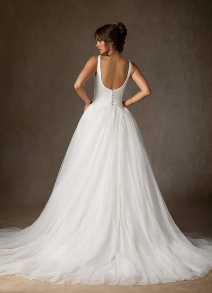 Diamond White A-Line Detachable Train Double Faced Satin Dress