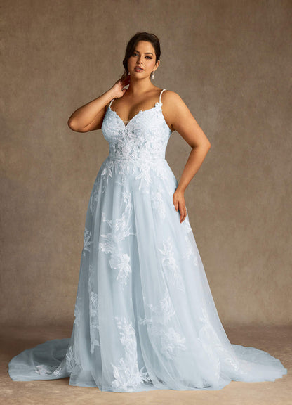 Misty Blue A-Line V-Neck Sequins Tulle Dress