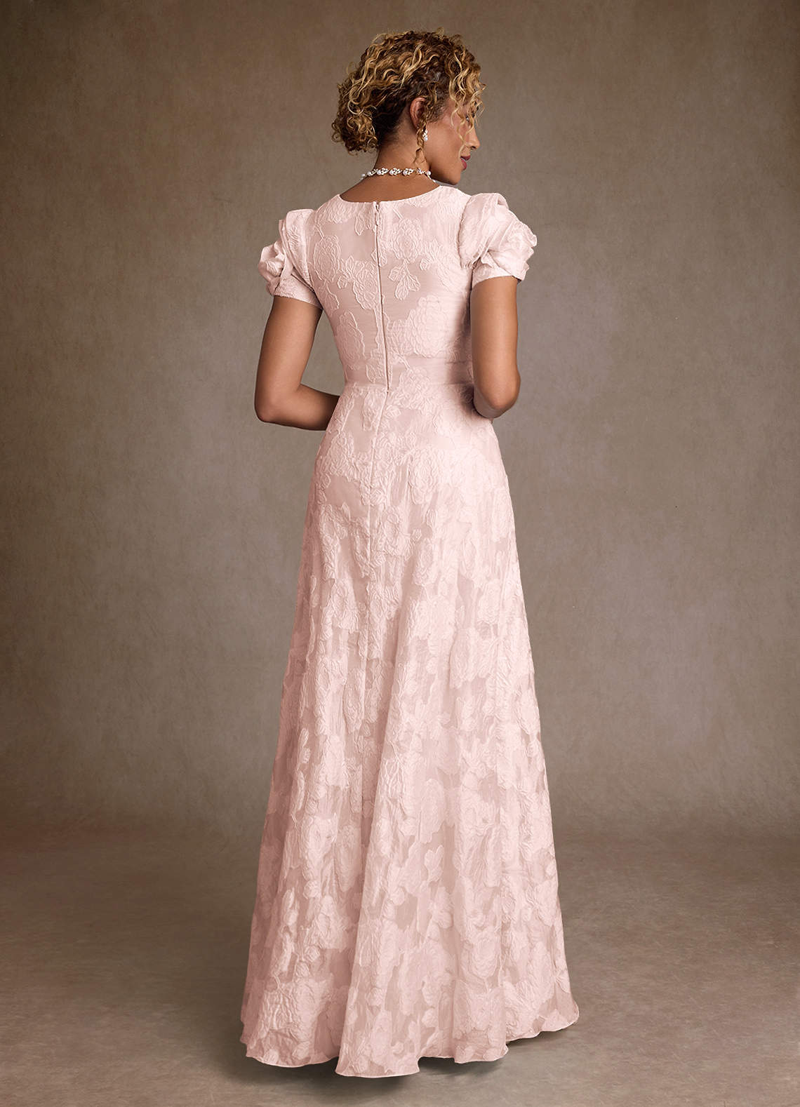 Light Pink Jacquard A-Line Pleated Floral Jacquard Dress