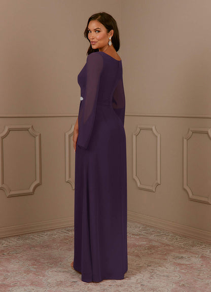 Plum A-Line V-Neck Pleated Chiffon Dress