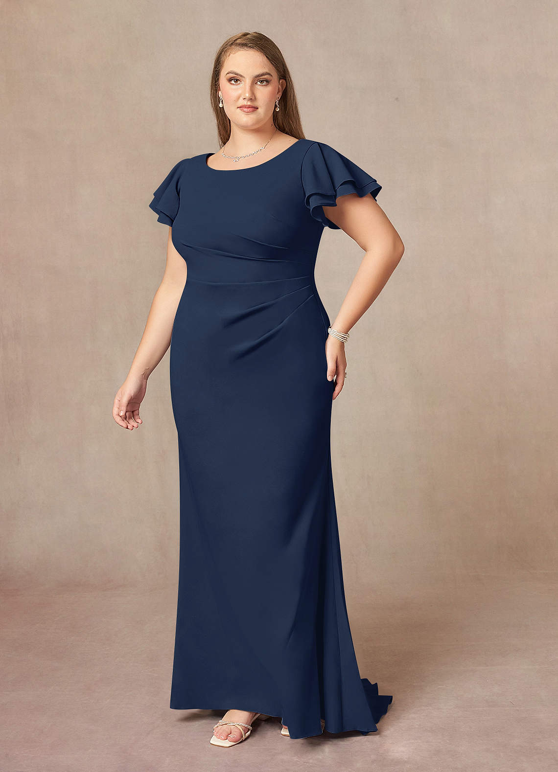 Dark Navy Mermaid Scoop Ruched Stretch Crepe Dress