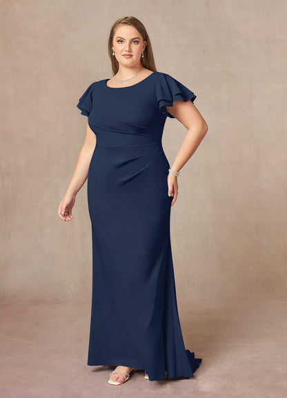 Dark Navy Mermaid Scoop Ruched Stretch Crepe Dress