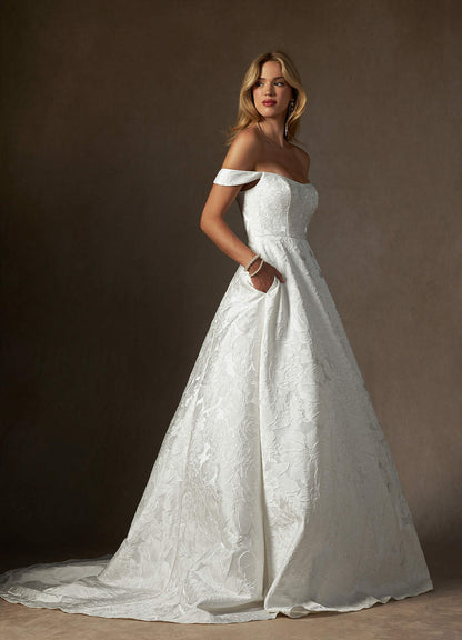 Antique White Ball-Gown Strapless Floral Jacquard Dress