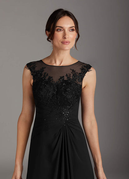 Black A-Line Scoop Lace Chiffon Dress