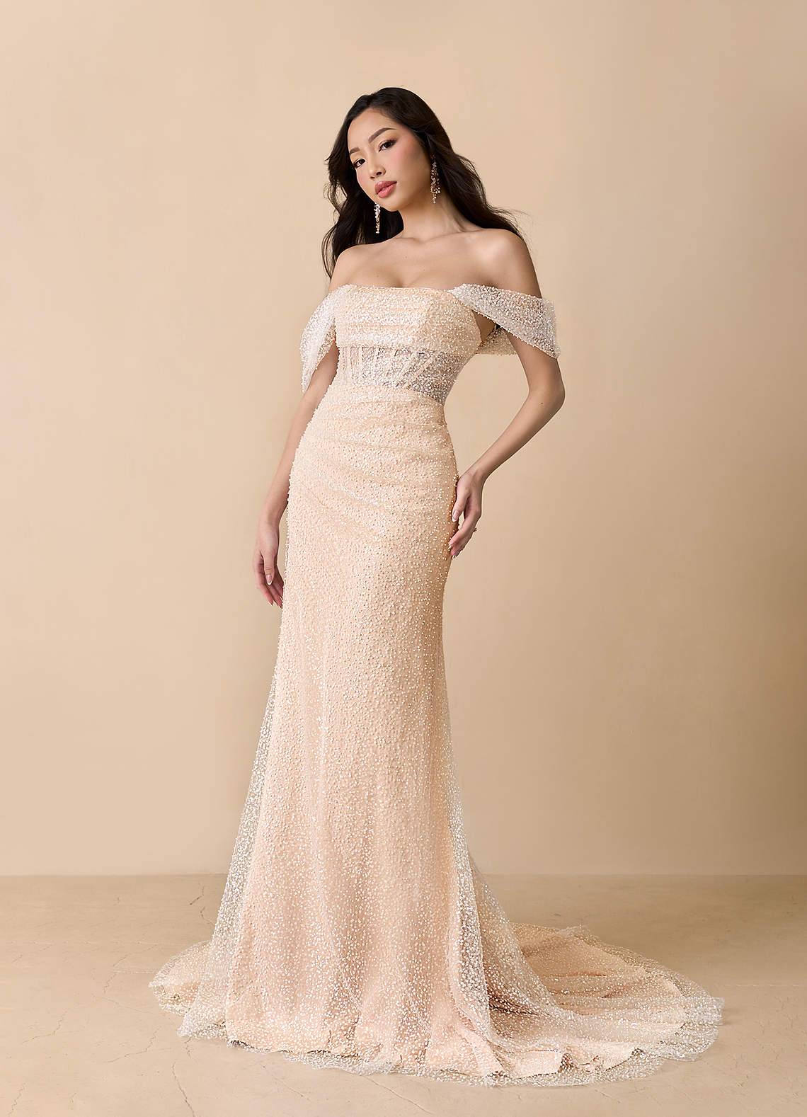 Diamond White English Rose Mermaid Off the Shoulder Beading Dress