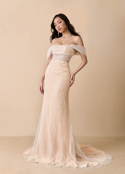 Diamond White English Rose Mermaid Off the Shoulder Beading Dress
