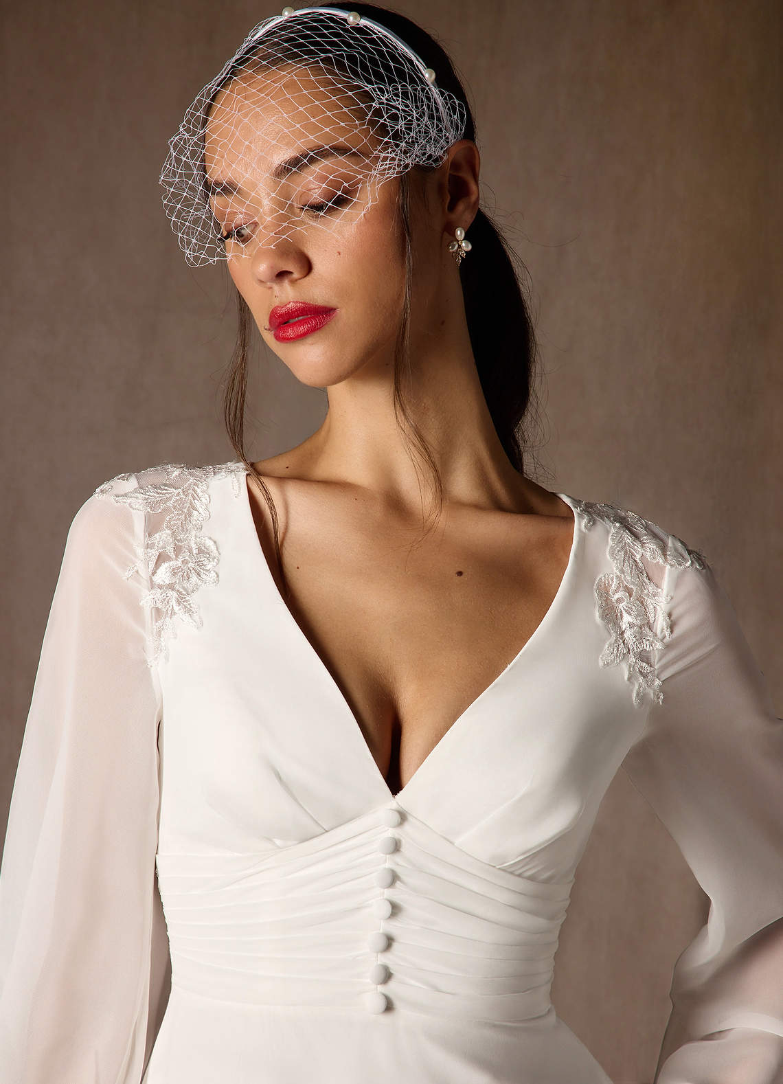 Diamond White A-Line V-Neck Lace Chiffon Dress