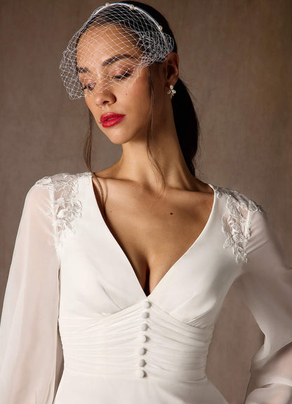 Diamond White A-Line V-Neck Lace Chiffon Dress