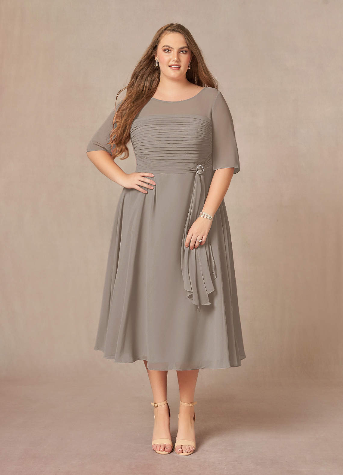 Taupe A-Line Boatneck Pleated Chiffon Dress
