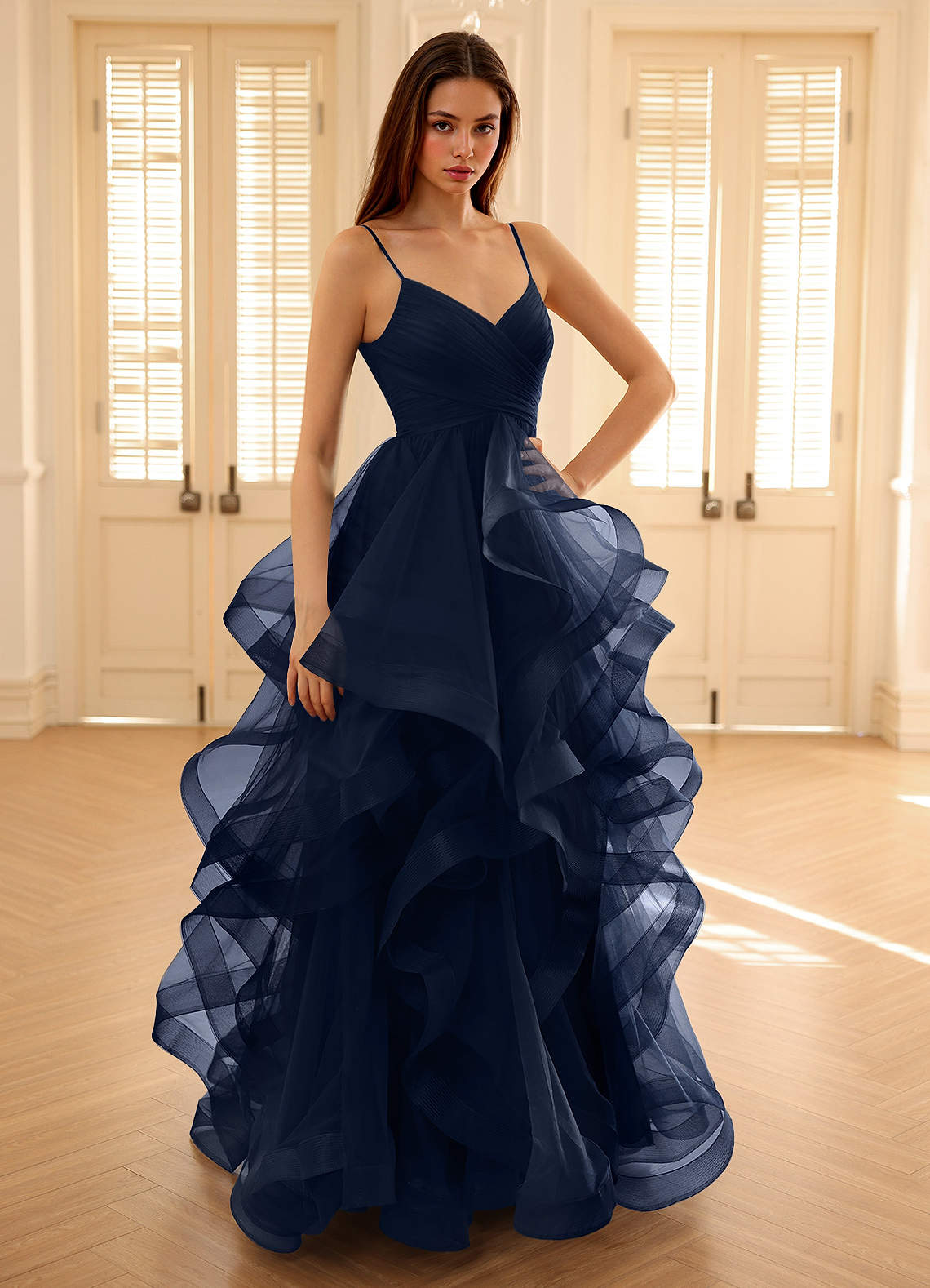 Carmencita Navy A-Line Ruffles Prom Dress