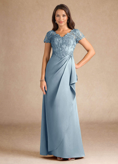Dusty Blue A-Line Lace Stretch Satin Dress