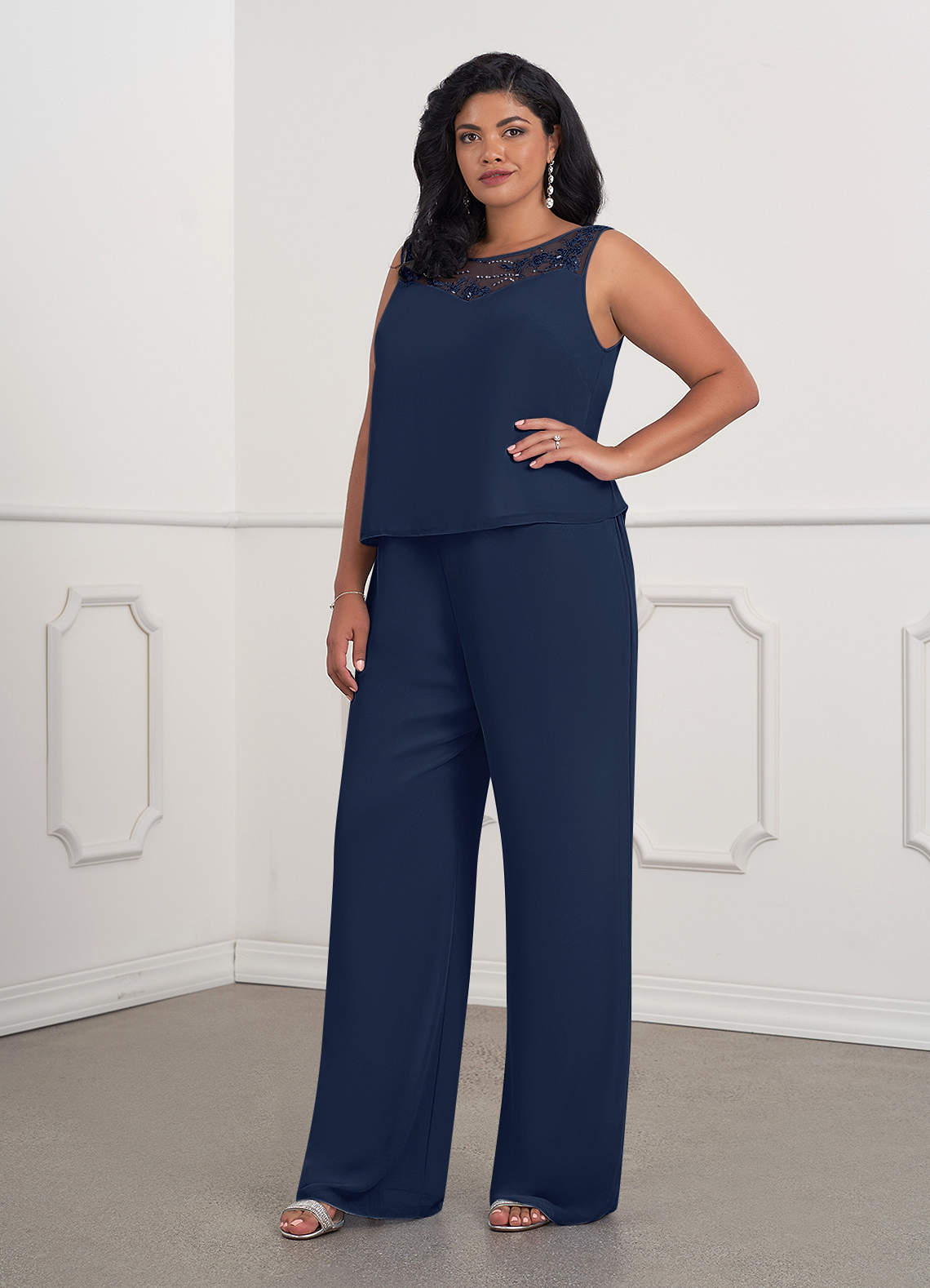 Dark Navy Jumpsuit/Pantsuit Sequins Chiffon Dress