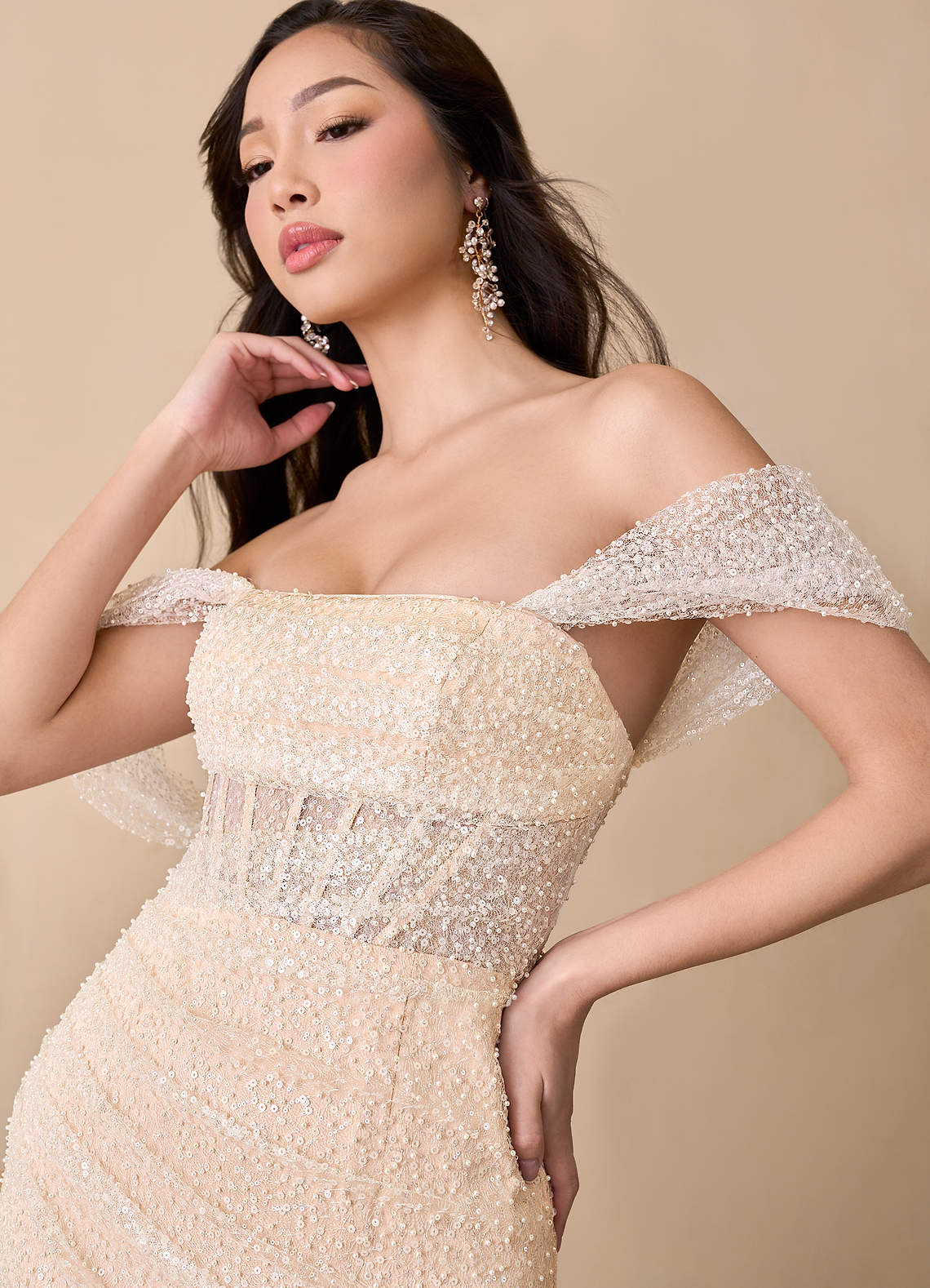 Diamond White English Rose Mermaid Off the Shoulder Beading Dress