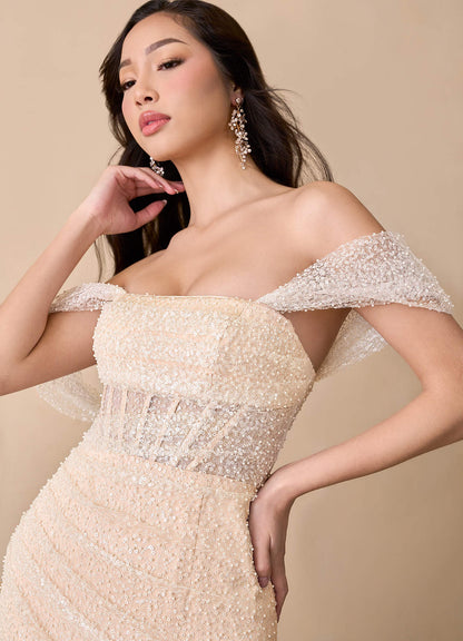 Diamond White English Rose Mermaid Off the Shoulder Beading Dress