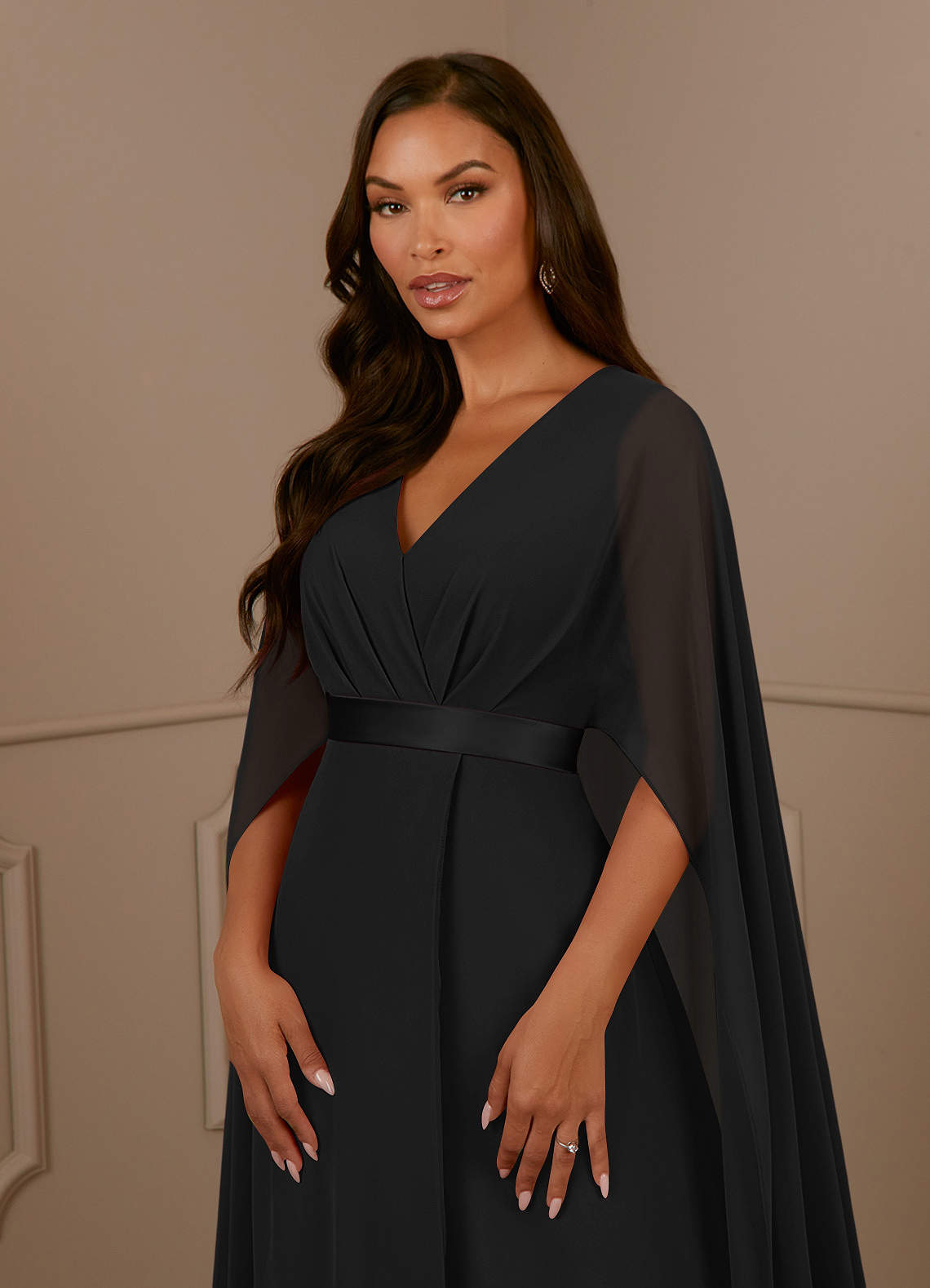 Black A-Line V-Neck Pleated Chiffon Dress