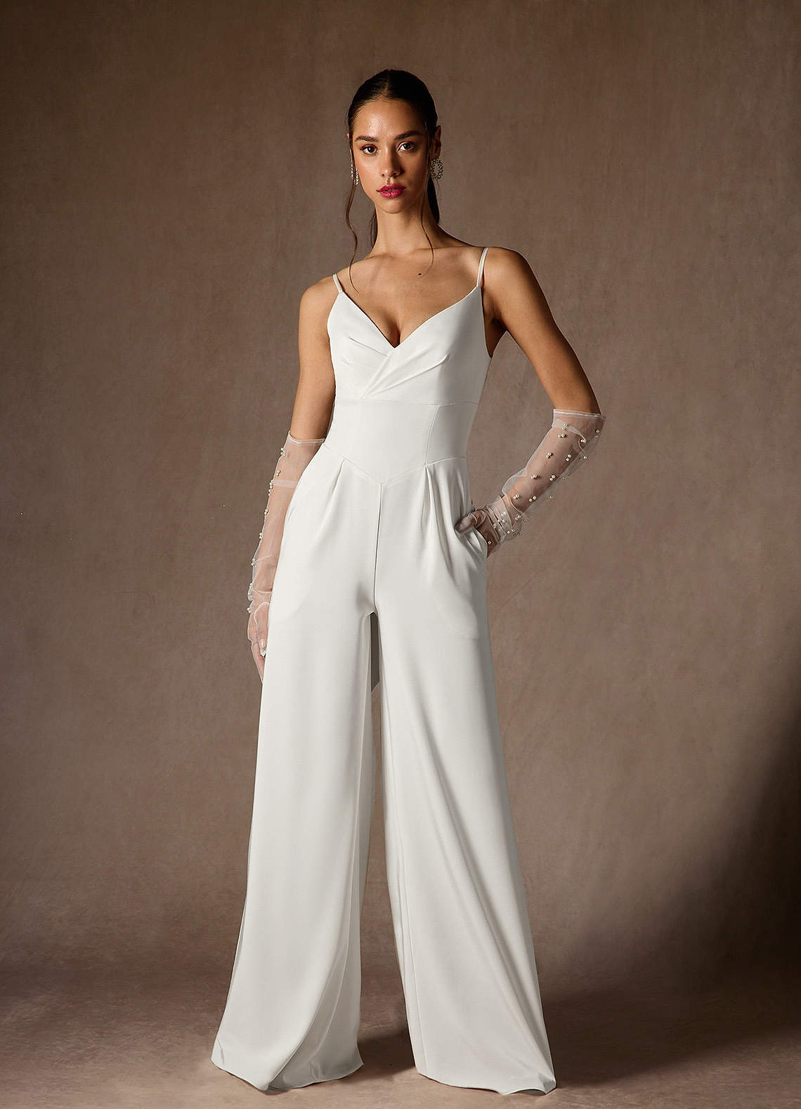 Diamond White Pant Styles V-Neck Pleated Crepe Back Satin Dress