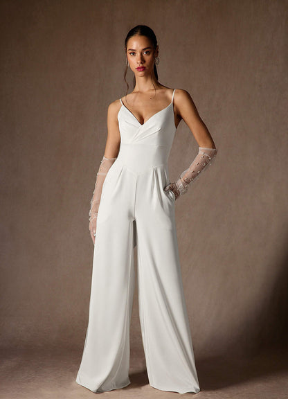 Diamond White Pant Styles V-Neck Pleated Crepe Back Satin Dress
