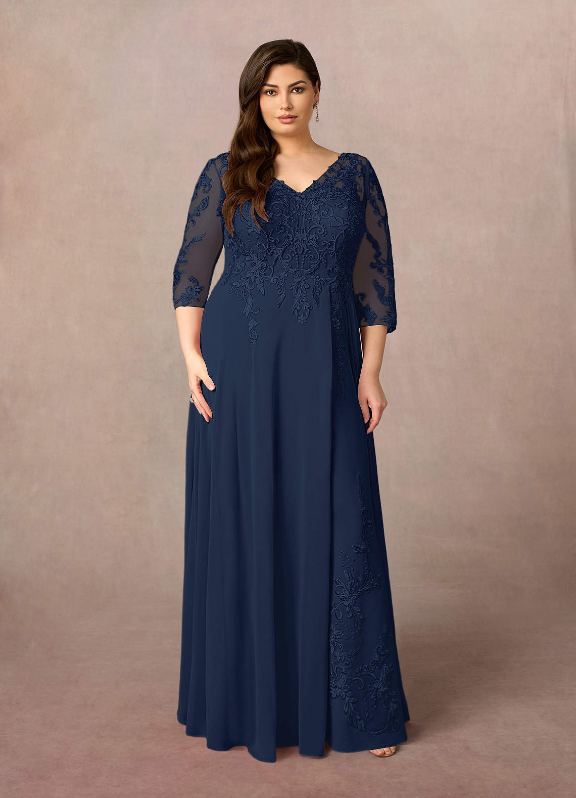 Dark Navy A-Line V-Neck Lace Chiffon Dress