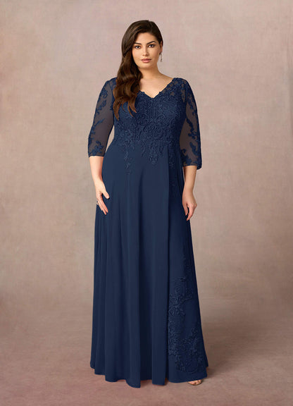 Dark Navy A-Line V-Neck Lace Chiffon Dress