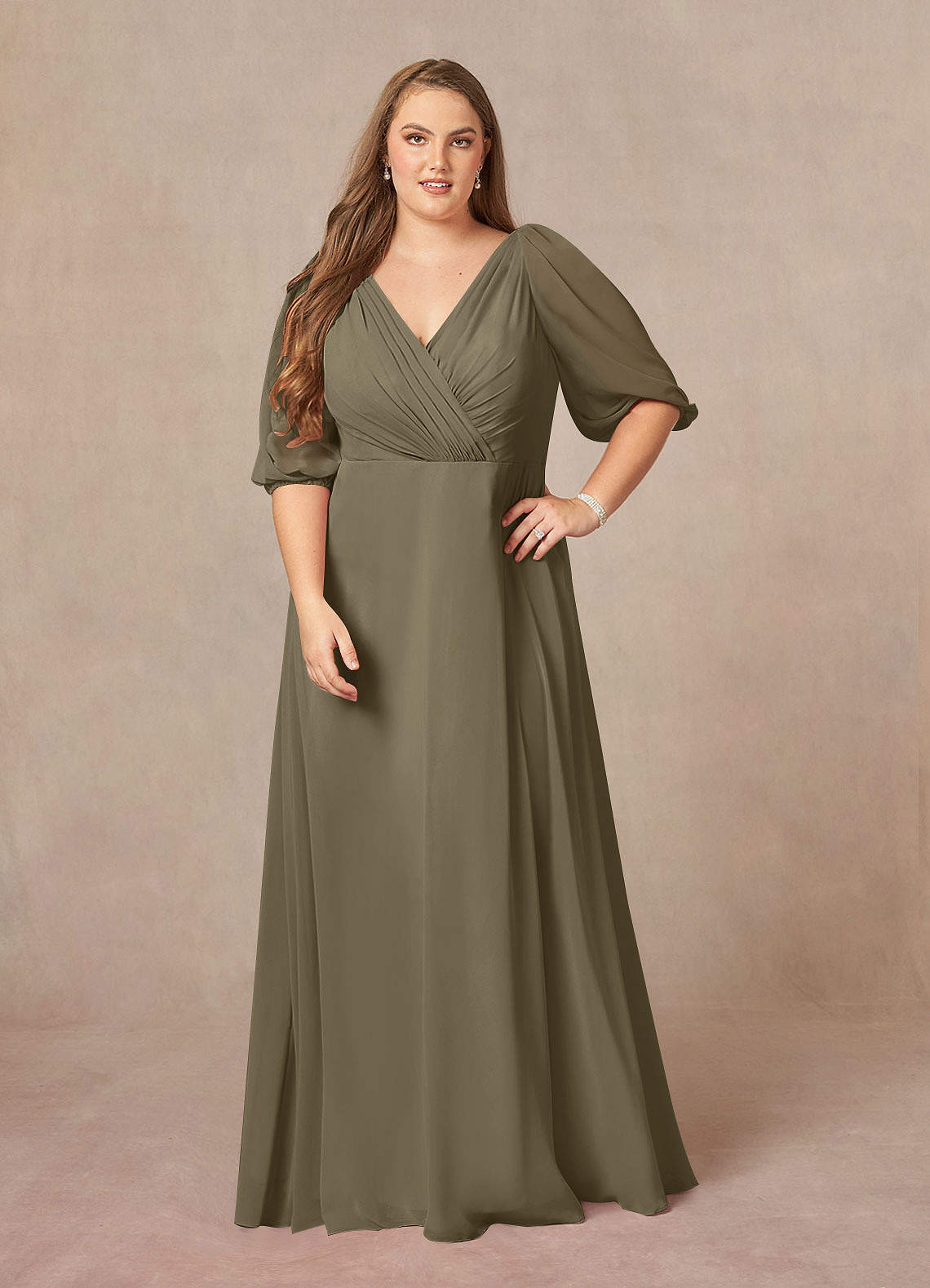 Willow Green A-Line V-Neck Ruched Chiffon Dress