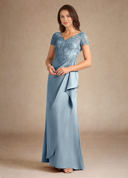 Dusty Blue A-Line Lace Stretch Satin Dress